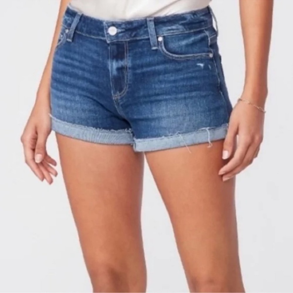 Paige Jimmy Jimmy Jean Short Cuffed Frayed Raw Hem Dark Wash Denim Cut Offs